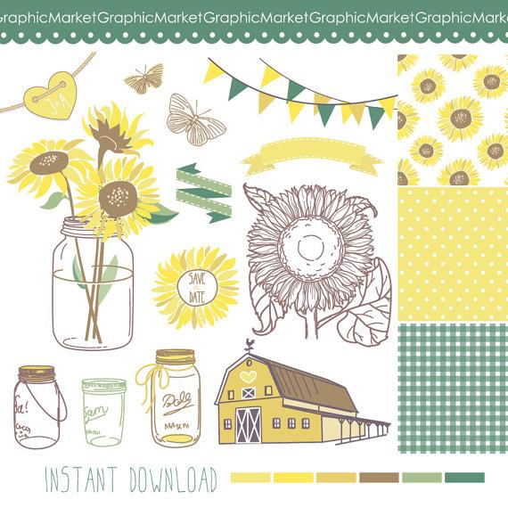 Mariage - Sunflowers, Mason Jars and digital papers - Clip art for scrapbooking, barn wedding invitations, Rustic farm, Southern, Small Commercial Use