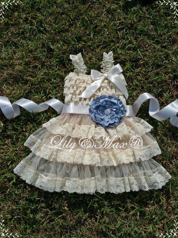 Wedding - Ivory Lace Rustic Dress with Gray flower sash, Lace Ivory girl posh dress, Flower Girl Dress, Country Flower Girl dress, Lace Rustic dress