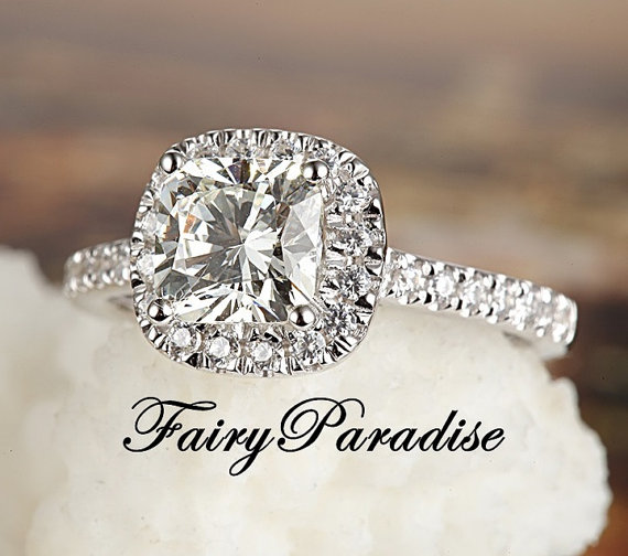 Wedding - Tiffany Inspired 2 Ct Cushion Cut Halo Engagement / Promise Ring in 925 Silver man made diamond pave band, lab made diamond ( FairyParadise)