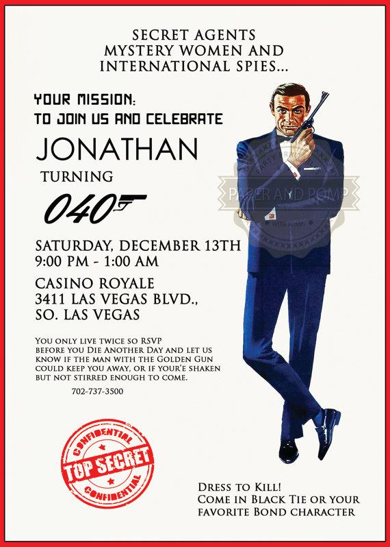 Wedding - James Bond 007 Birthday Bachelor Casino Poker Top Secret Agent Mission Party Invitation