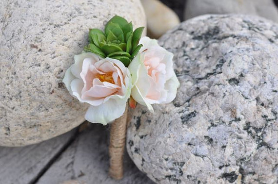 Wedding - Wedding Flowers, Country Wedding, Succulent with Rose boutonniere wrapped in twine, jute.
