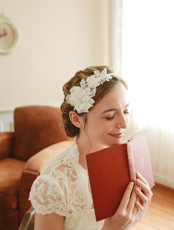زفاف - Lace wedding headband, bridal headband, flower headband, wedding headband, wedding hair - style 201