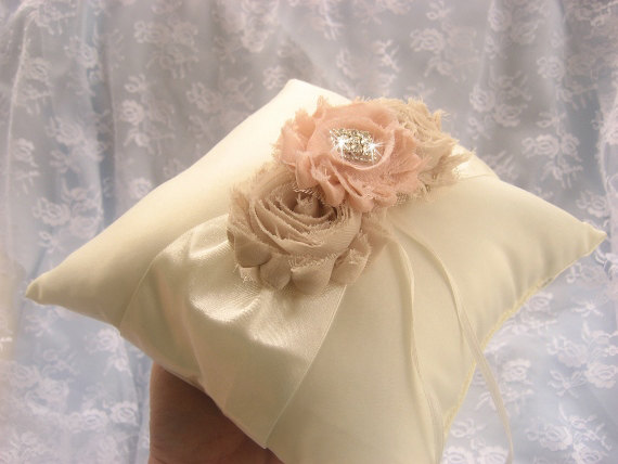 Свадьба - Ring Bearer Pillow Wedding Ring Pillow  Shabby Chic Vintage Champagne and Blush Custom Colors too