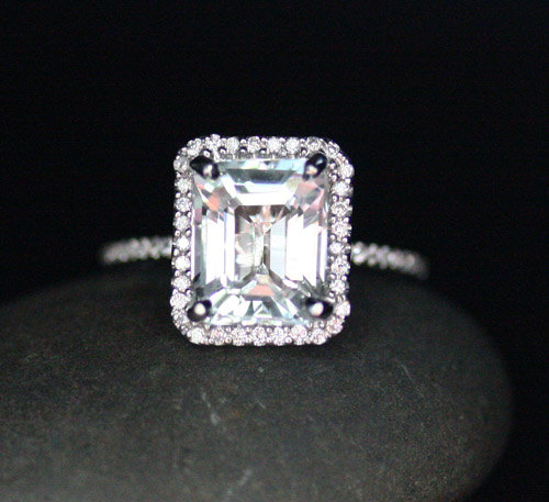 Hochzeit - White Topaz Engagement Ring Diamond Halo 14k White Gold with White Topaz Emerald Cut 10x8mm and Diamonds