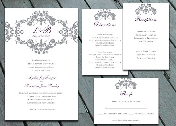 Свадьба - Damask WEDDING Invitation Suite with RSVP, Info Card, Direction Card DIY Printable Digital Files