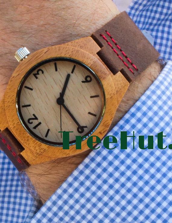زفاف - Personalized Minimalist Engraved Wooden Watch with Genuine Leather, Mens watch, Groomsmen gift, Wood Watch Bamboo Watch HUT005