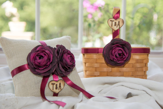 Mariage - Rustic Wood flower Girl Basket and Burlap Ring Bearer Pillow Set  burgundy silk flowers Customize with your wedding colors