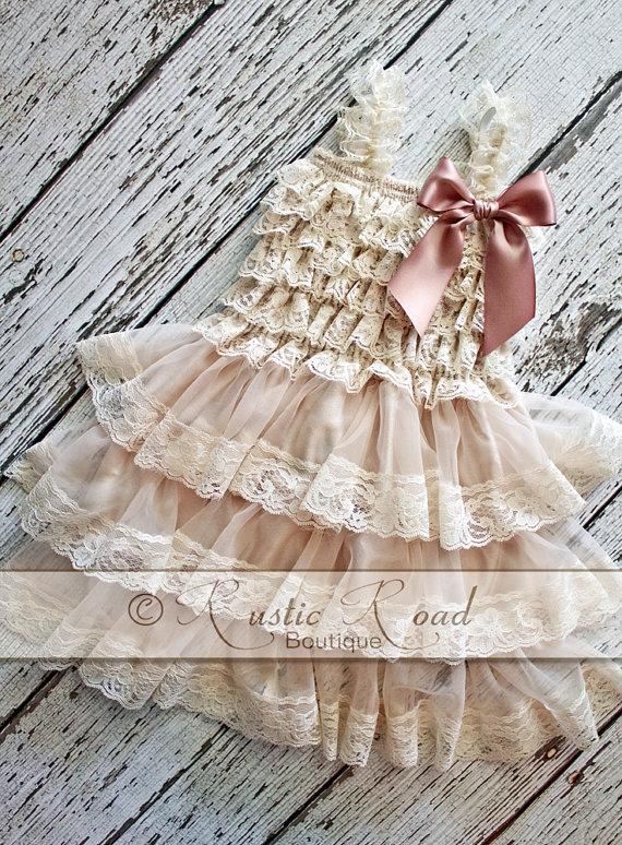 Mariage - Rustic Flower Girl Dress: CHOOSE BOW COLOR, Lace Ruffle Dress, Baby Girl Birthday, Rustic Vintage Flowergirl Dress, Wedding Country Dress