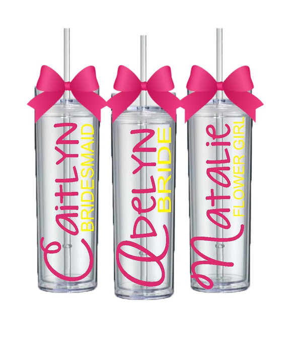 Hochzeit - 5 Skinny Personalized Bridesmaid Tumblers - Wedding Party Acrylic Tall Tumblers - Set of FIVE