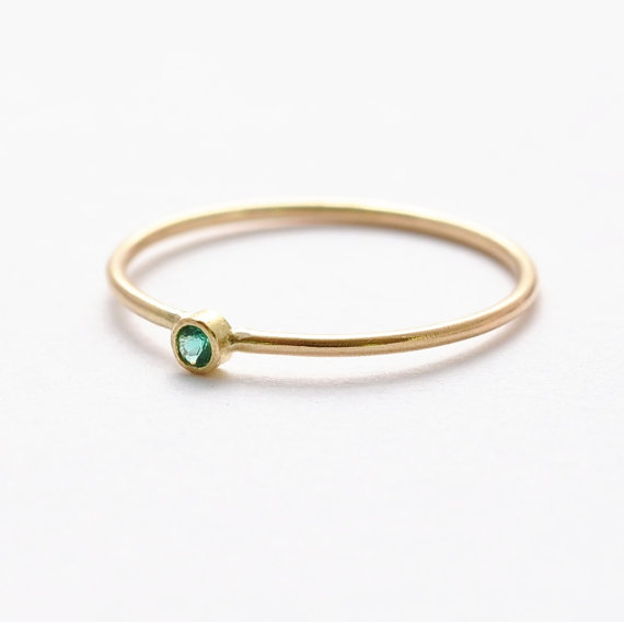 Wedding - Non Diamond Engagement Ring Emerald 14K Gold Jewelry Wedding Unique Simple Real Natural Genuine Delicate Thin Tiny Skinny Slim Dainty