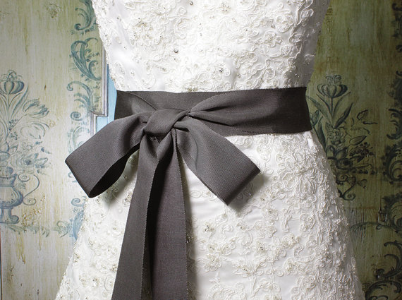 Mariage - Bridal Sash - Romantic Luxe Grosgrain Ribbon Sash - Wedding Sashes - Deep Gray -  Bridal Belt