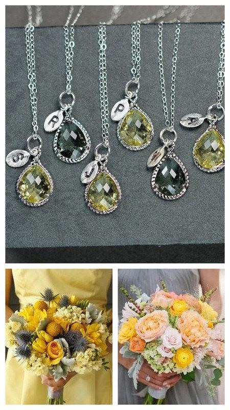 زفاف - Yellow Gray silver necklace,Bridesmaid Wedding Bridal Bridesmaid Jewelry-Bridesmaid gifts,personalized NECKLACE,monogrammed gifts  gray