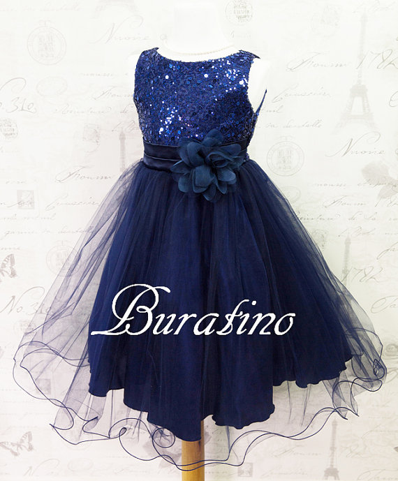 زفاف - Flower Girl  Dress- Navy Flower girl dress Girls Sequin dress Special Occasion Junior Bridesmaid girls toddler dress (ets0155nv)