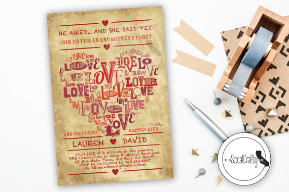 Wedding - Vintage Heart Theme, Typography Style Engagement Party Invitation, Digital or Printed