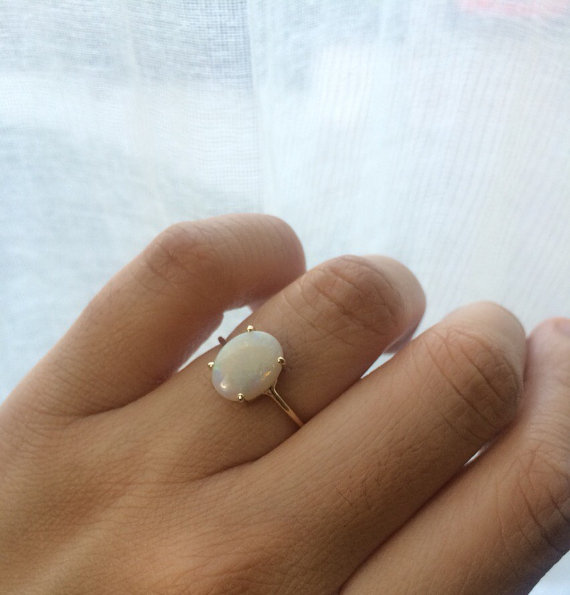 زفاف - Opal Ring, Opal Cabachon Ring, 14k Opal Ring, Opal Solitaire Ring, Non Traditional Engagement Ring, October Birthstone, Birthstone Ring