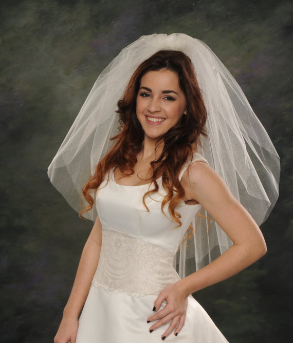 زفاف - Two Layer Bridal Veil Elbow 32 Long Plain Cut Edge Waist Wedding Veil Double Layer 72 Wide Illusion White Ivory