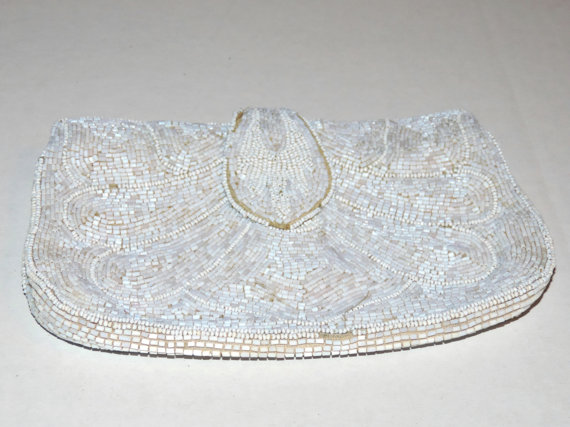 Wedding - Vintage Seed Beaded White Wedding Clutch Made in Germany Early 1900s