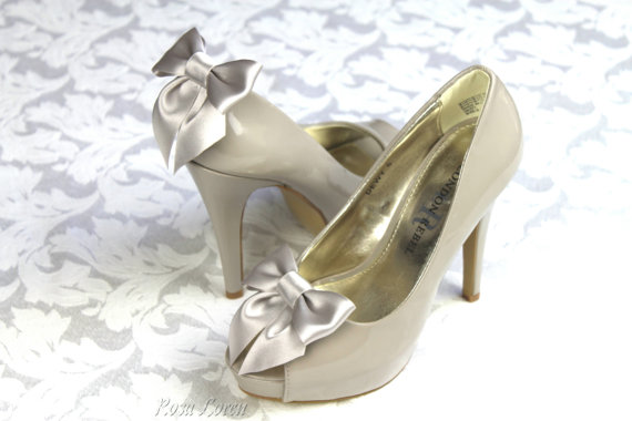 Wedding - Light Gray Shoe Clip, Silver Grey Satin Bow Shoe Clips, Grey Wedding Accessories Shoes Clip