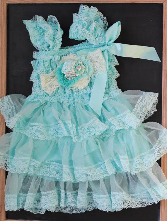 زفاف - aqua snow flake lace dress, baby girl cake smash outfit,Flower girl dress,Ice princess1st Birthday Dress,Vintage style,girs photo outfit