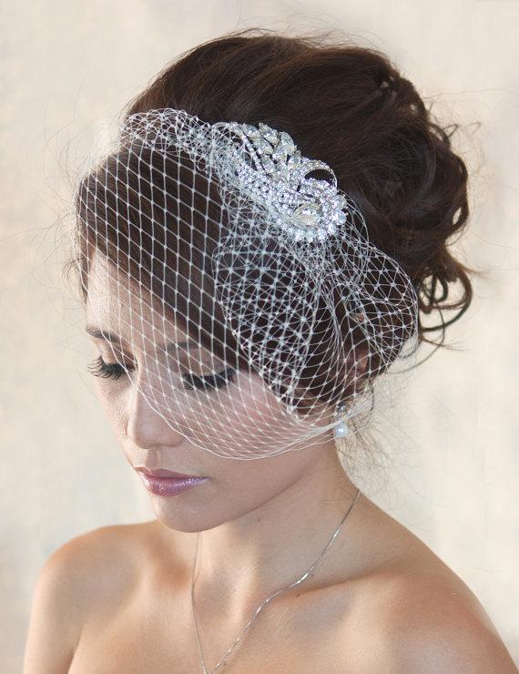 زفاف - Wedding Birdcage Veil with Crystal rhinestone brooch VI01 - ready to ship