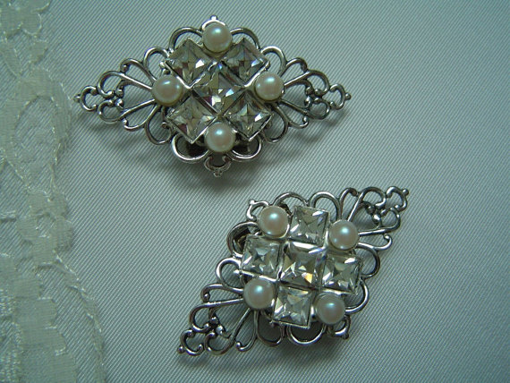زفاف - Art Deco shoe clips swarovski pearl and rhinestone vintage style