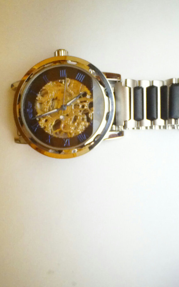 زفاف - Men's Steampunk Mechanical Skeleton Wrist Watch with Black and Blue Face and Black and Silver Metal Band -Groomsmen and Wedding Gift