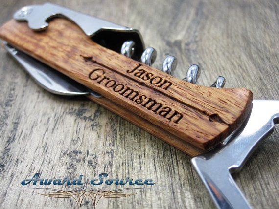 Mariage - Personalized Wine/Beer Bottle Opener, Groomsmen Gifts, Engraved Wooden Wine Bottle Opener, Engraved Multi Tool Corkscrew, Gift for Ushers