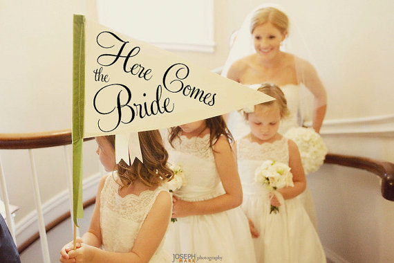 Hochzeit - Made To Order Here Comes The Bride Sign - Large Pennant Flag Wedding Sign For Your Flower Girl