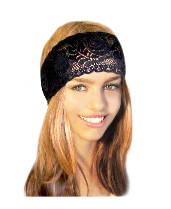 Mariage - Stretch Wide Lace Headband Head Band Fancy Black French Lace Hair Band Bridesmaid Wedding. . . see many more styles in shop
