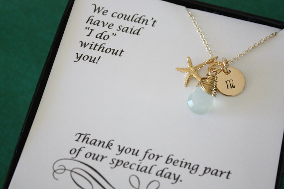 Hochzeit - 6 Bridesmaid Gift Personalized Gold Starfish, Bridesmaid Necklace, Beach Wedding, Gold, Gemstone, Initial jewelry, Thank you Card