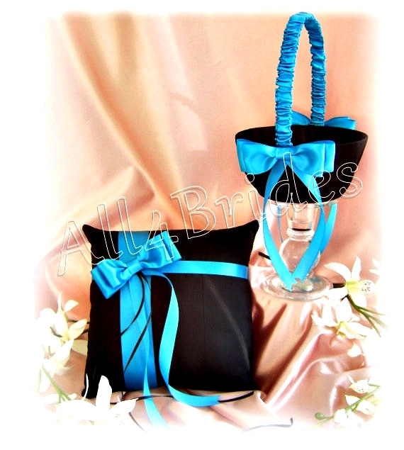 Свадьба - Wedding Ring Bearer Pillow Flower Girl Basket Black Turquoise Wedding Ceremony Accessories Decor