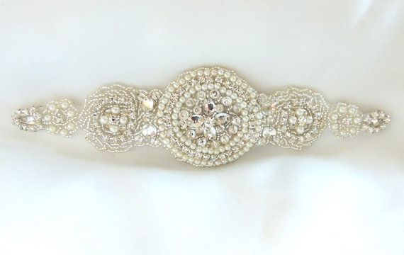 Hochzeit - Wedding sash, Bridal belt , Bridal sash - satin ribbon with crystal and rhinestone beaded applique sash
