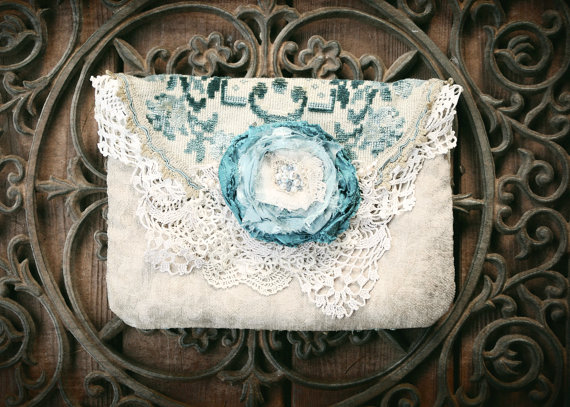 Mariage - Vintage carpetbag blue velvet wedding bridal clutch  bohemian gypsy rustic romantic wedding bridal blue tattered rose lace bride bag