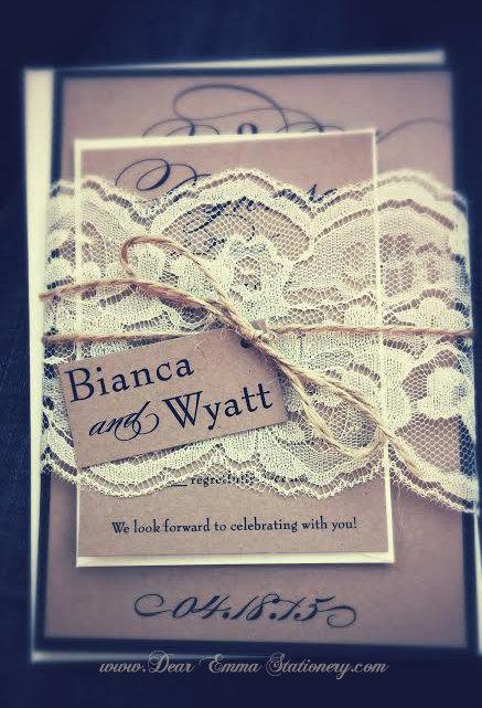 Свадьба - Rustic Lace Calligraphy Script Wedding Invitations - Brown Kraft Paper Modern Wedding Invites - Sample only