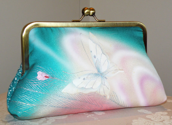 Mariage - Silk Kimono Clutch Purse Bag..Peacock Feather..Bridal/Wedding Gift..Florals..Butterfly..Lavendar/Teal/Pink/Wrap/Scarf/Shrug/Shawl available