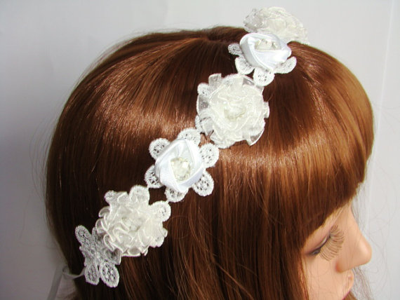 زفاف - Wedding Headband - Bridal Accessories - Lace Ribbon Bridal Headband - Flowers Headpiece