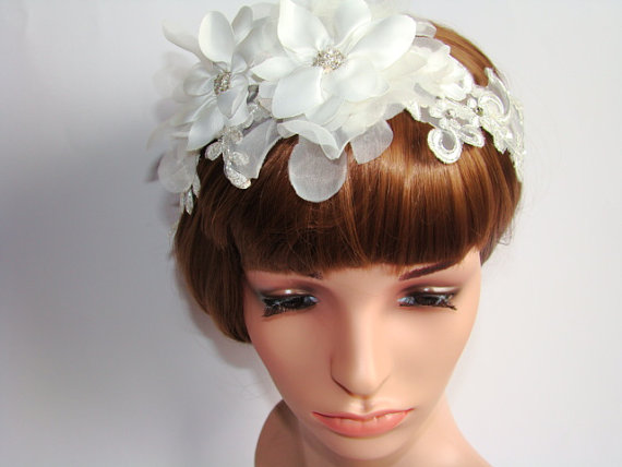 زفاف - Bridal Headband - Wedding Accessory - Silk Flower and Rhinestone Bridal Headband