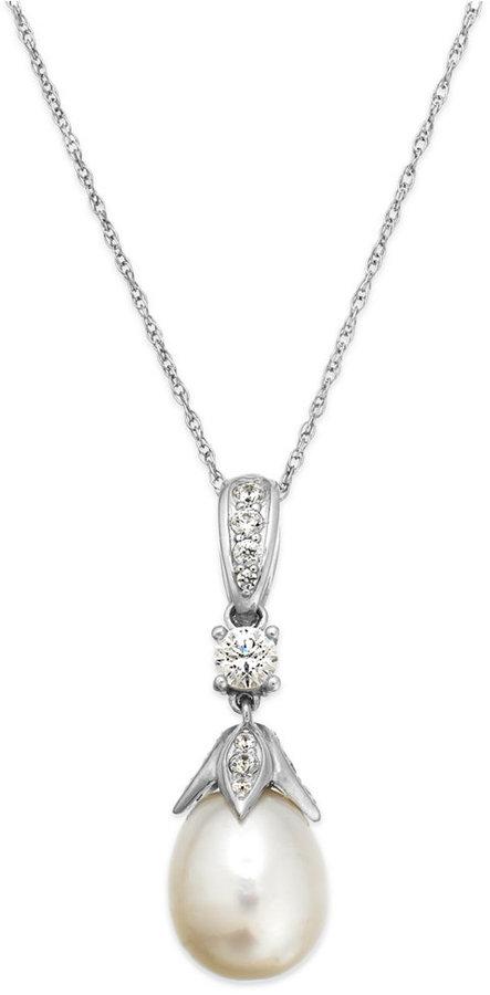 Hochzeit - Arabella Bridal Cultured Freshwater Pearl (10 mm) and Swarovski Zirconia (1 ct. t.w.) Pendant Necklace in Sterling Silver