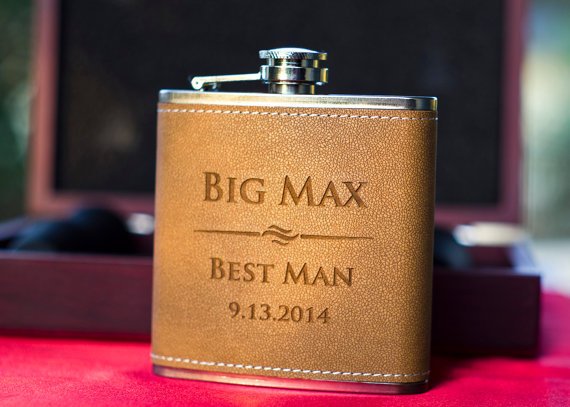 Wedding - Personalized Leather Flask - Perfect Groomsmen Gifts - Engraved 6oz Stainless Steel Flask Wrapped In Leather