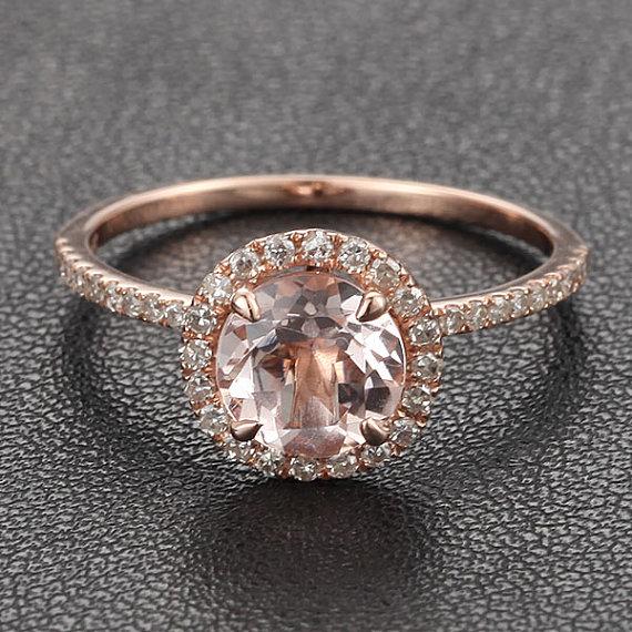 Свадьба - Diamond HALO 7mm Round Morganite Ring .27ct Pave Diamond Ring Claw Prongs 14K Rose Gold Engagement Ring