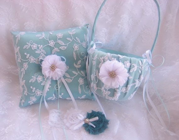 زفاف - Tiffany Flower Girl  Basket,  Wedding Ring Pillow, Blue Flower girl basket set Tiffany Ring Pillow