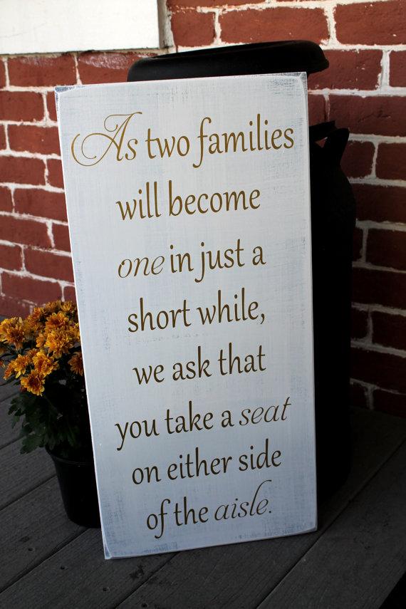 Mariage - 11" x 23" Wooden Wedding Sign - As two families will become one - Ceremony sign, pick a seat not side