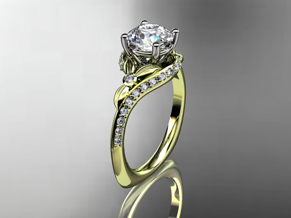 زفاف - 14kt  yellow gold diamond leaf and vine wedding ring,engagement ring with Forever Brilliant Moissanite center stone,  ADLR112