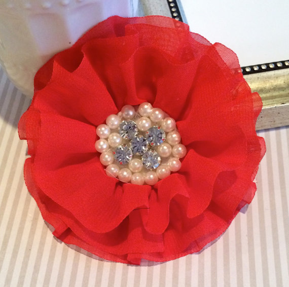 Hochzeit - Red Fabric Flowers 3.5"  soft chiffon layered fabric flowers with rhinestone pearl centers Hair hat  red boutique wedding flowers Lorna