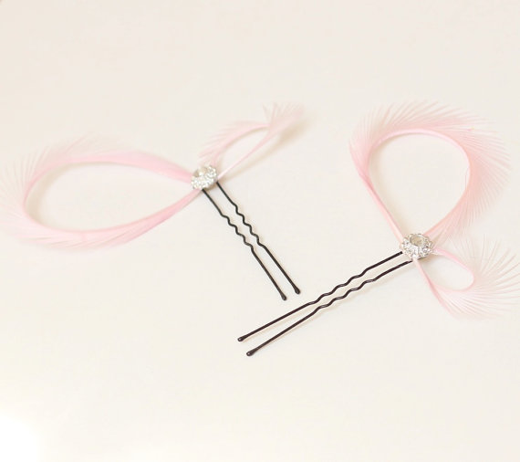 Hochzeit - Pink Hair Accessories - Feather Fascinators - Bridesmaids Gift - Light Pink Wedding - Blush Bridal Modern Minimalist Wedding - Custom Color