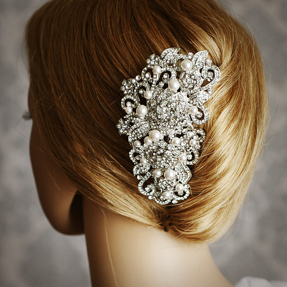 Hochzeit - ANGELIQUE, Victorian Pearl and Rhinestone Bridal Hair Comb, Vintage Style Wedding Hair Accessories, Crystal Flower Wedding Bridal Hair Comb