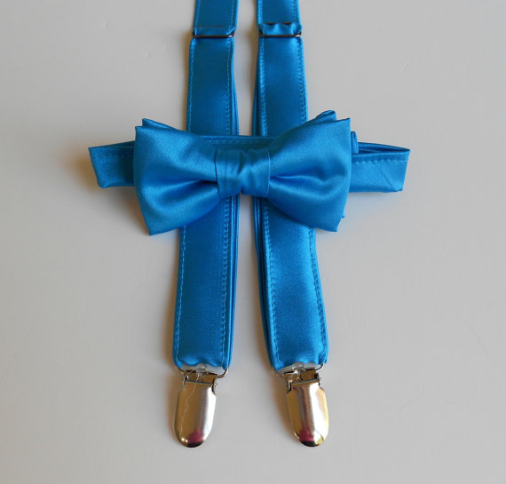Hochzeit - Satin Turquoise Bowtie and Suspenders Set - Infant, Toddler, Boy