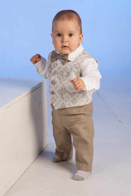 Hochzeit - Baby boy linen suit baptism outfit baby clothes ring bearer kids natural clothing baby outfit eight-pointed star pattern olive gray rustic