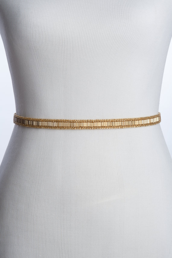 Mariage - skinny gold beaded wedding belt, gold bridal belt / sash , bridal beaded sash
