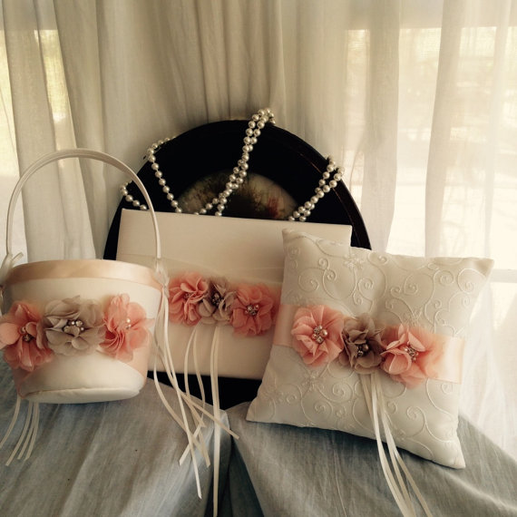 Wedding - SALE-Flower Girl Basket-Ring Bearer Pillow-Guest Book-Pillow-Basket-Guest Book-Pillow-Ivory Wedding Basket-Blush-Ivory-Pillow and Basket